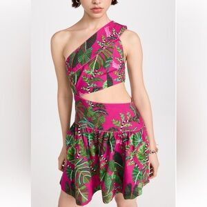 Farm Rio Pink Leaves Cut Out One Shoulder Mini Dress